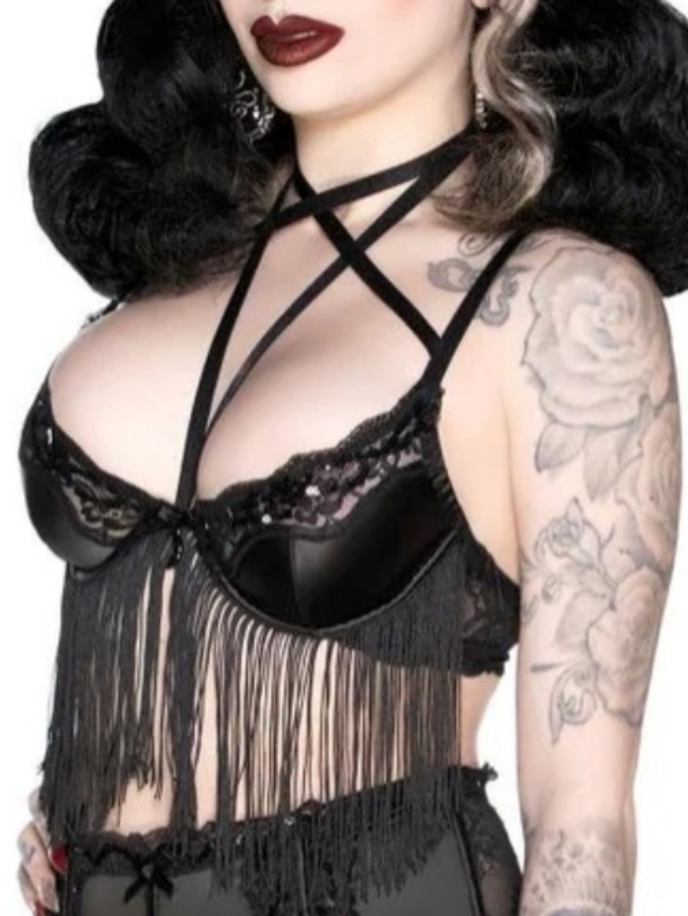 Killstar She's Poison Fringe Black Lace Bra with Sequins Size XXL Strappy Goth